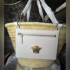 Versace La Medusa Straw & Leather Tote